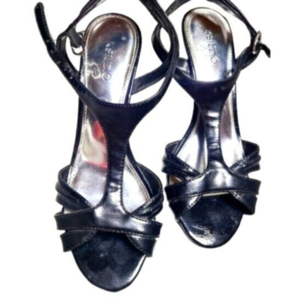 K Studio Patent Black Shiny Merna Strappy Low Heel Sandal Open Toe